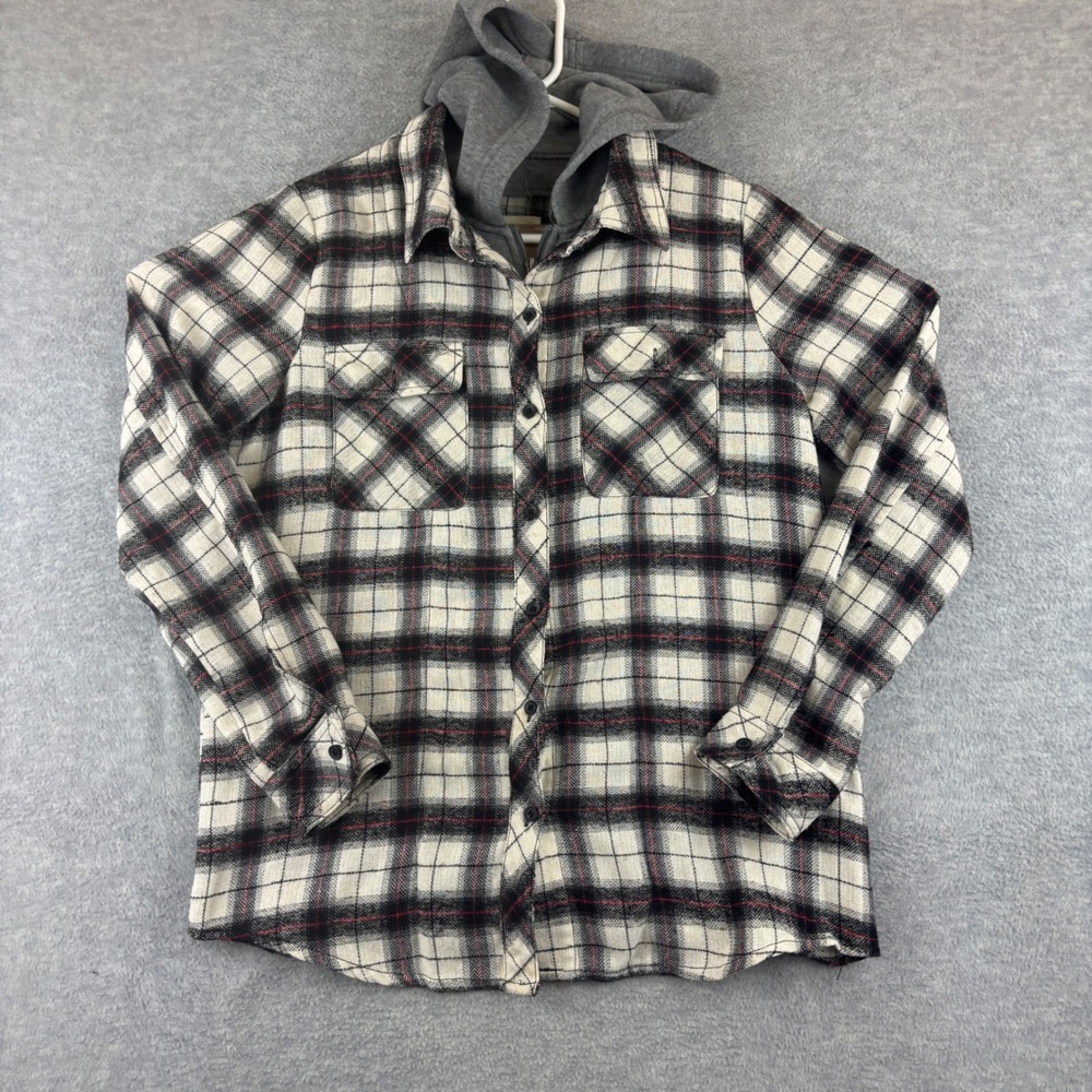 Ci Sono Flannel Shirt Womens Large Black White Plaid Hooded Button Down Light wt